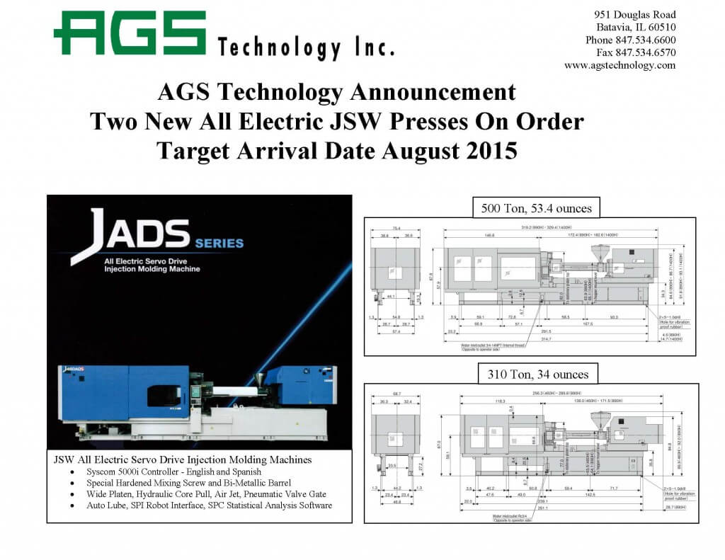 AGS Announcement-Two New Injection Molding Machines Aug 2015
